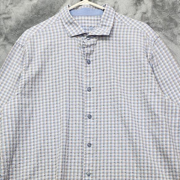 Tasso Elba Shirt Mens XXL 18-18 1/2 Blue White Tan Plaid Long Sleeve Button Up - Picture 2 of 11